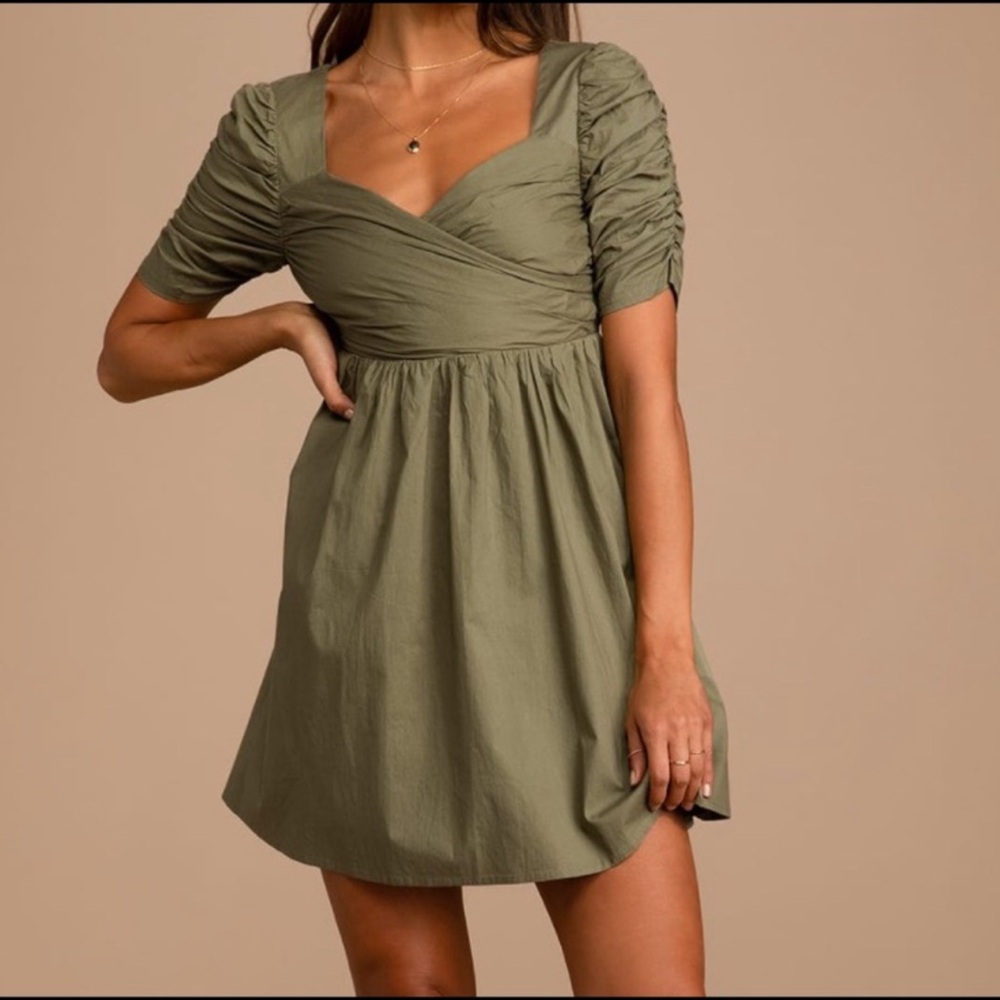 NWT Lulus Ready for My Love Olive Green Ruched Short Sleeve Mini Dress Size M
